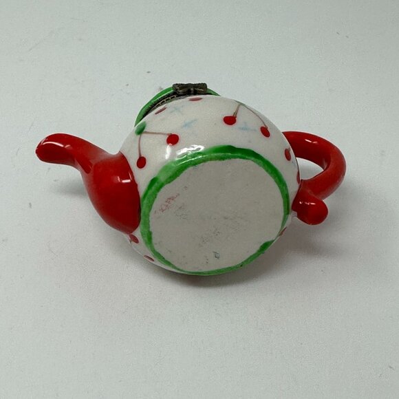 Vintage Mini Teapot Trinket Box Red Green Ceramic Hinged Cherry Holiday Decor - Picture 6 of 16